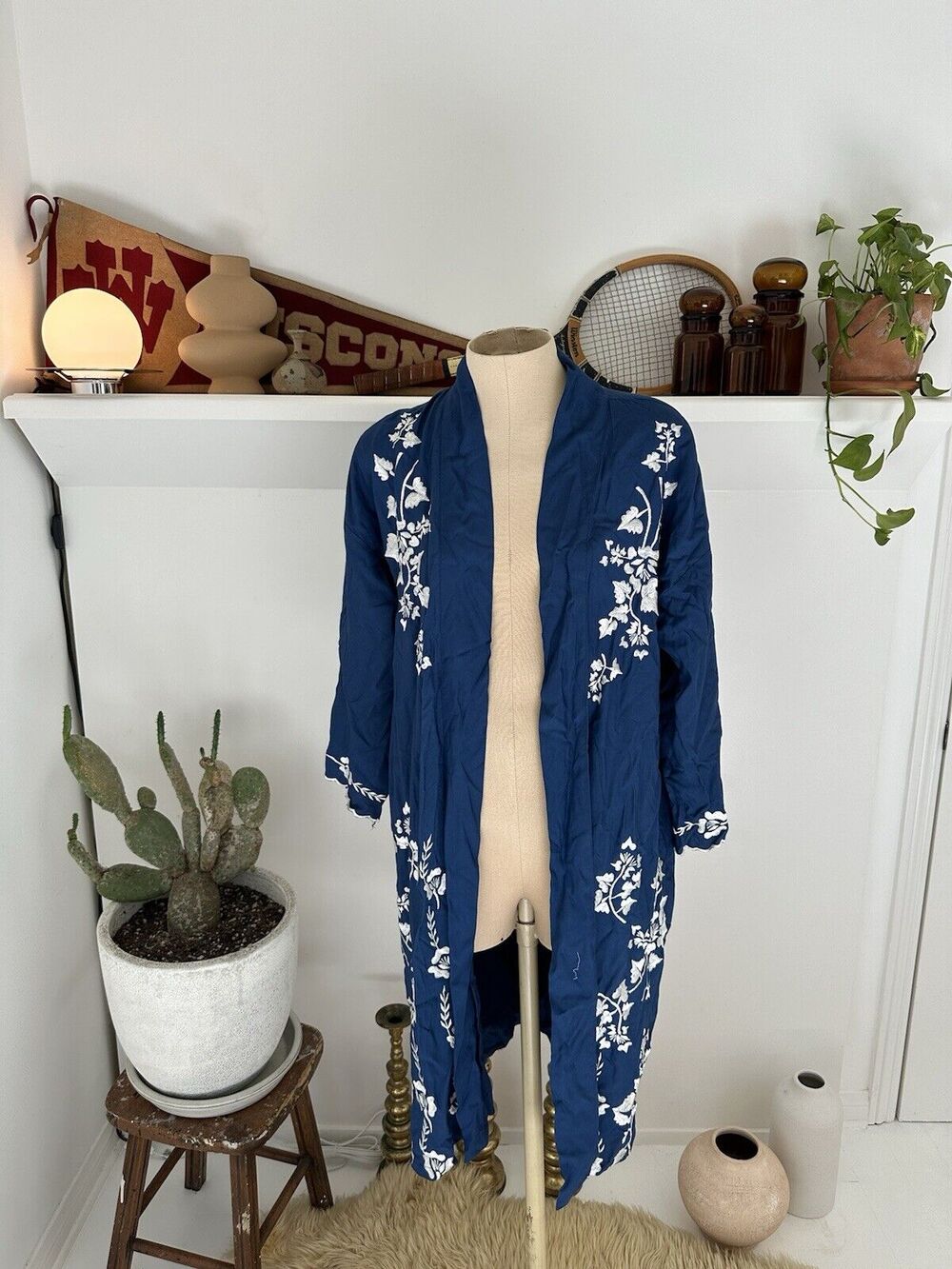 Lovers + Friends Long Blue Floral Embroidered Robe XS